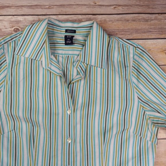 Gap Stretch M Shirt Open V Neck Button Front Fitted Blue Green Striped - Picture 2 of 5